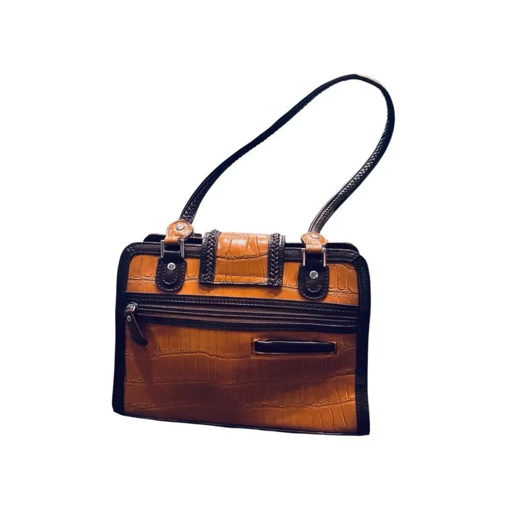 M.C. Western Brown Croc Embossed Handbag Satchel Tooled Detail